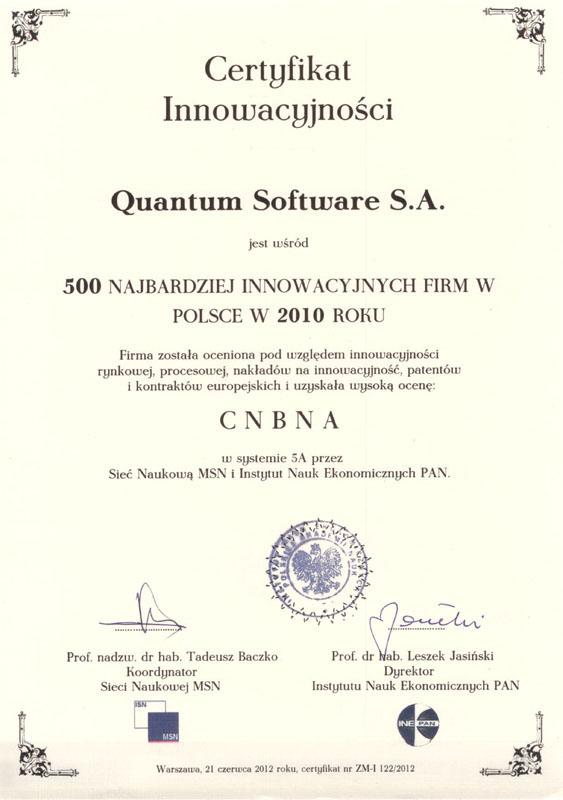 Certyfikat Innowacyjności 2010