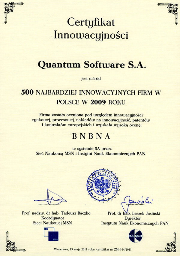 Certyfikat Innowacyjnosci 2009